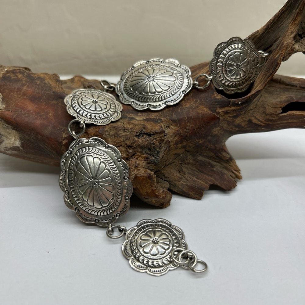 Concho Sterling Silver Link Bracelet Navajo BF Vintage Hand Stamped Scalloped